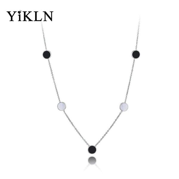 

yikln bohemia stainless steel round black acrylic & white shell chain pendant necklaces for women girls choker necklace yn19172 chokers, Golden;silver