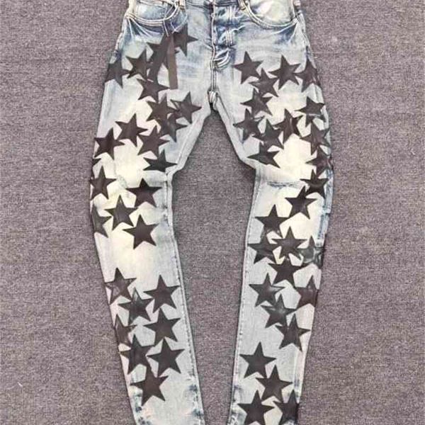 

new high street star leather five-pointed stars fight hole wash jeans tide brand quality, Black