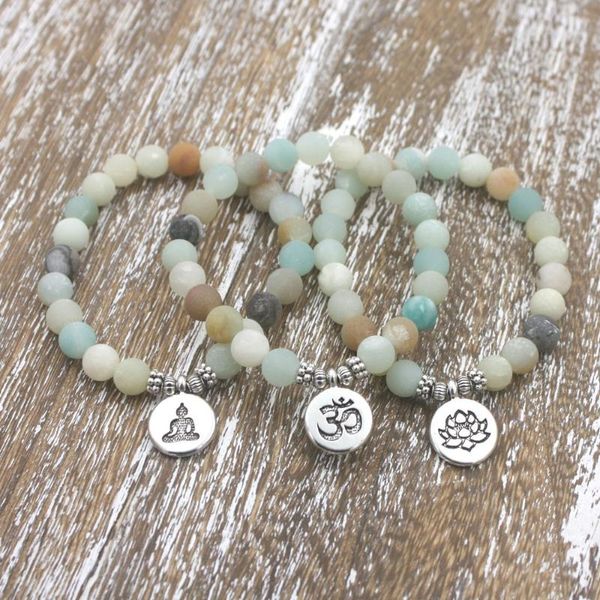 

matte amazonite stone strand bracelet yoga chakra mala om lotus women men beaded charm handmade jewelry bracelets, Golden;silver