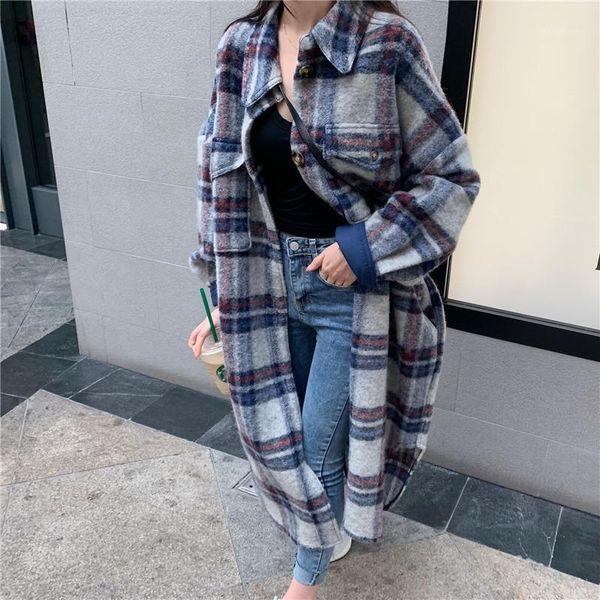 

vintage plaid trench coat women 2021 autumn winter casual korean fashion lapel long wool g571 women's & blends, Black