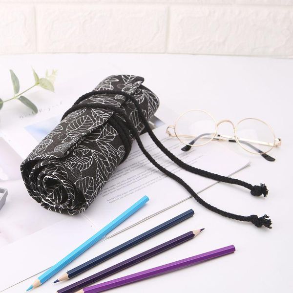 Bolsas de lápis lindas folhas estampadas na escola rolo de estojo 24/24/36/48/72 Holas Canvas Roll Up Makeup Pen Saco para papelaria por atacado