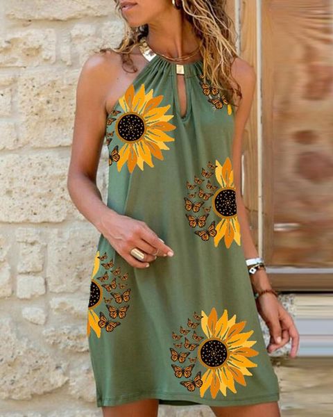 

casual dresses hanging neck dress women's clothing sunflower butterfly print hollow out sleeveless 2021 summer wear, Black;gray
