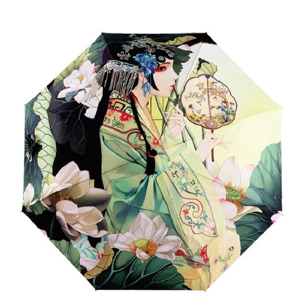 Três Dobrável Arte Pintura Paraguas Mulheres Paroso À Prova D 'Água Guarda-chuvas Chinês Ttraditonal Gril Lillustration Sunny Guarda-sol 210320
