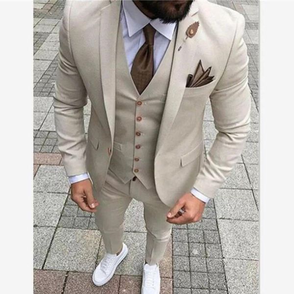 

men's suits & blazers beige slim fit casual men 3 piece custom wedding tuxedo with notched lapel male fashion groom costume blazer pant, White;black
