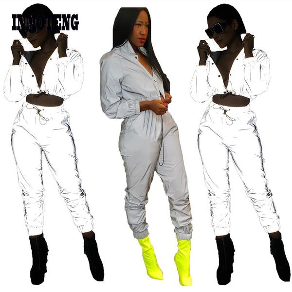 

reflective tracksuit night version buttons turn down collar long sleeve crop casual pants women two piece sets dress, White