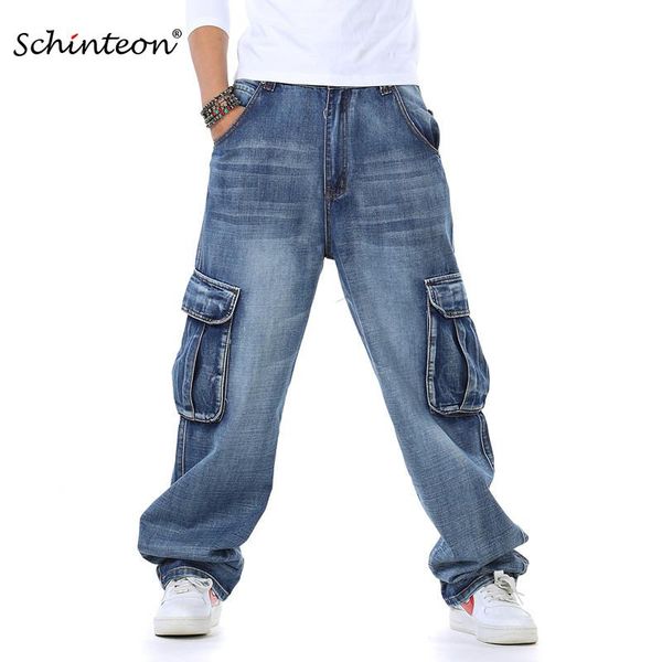 

men's jeans schinteon big size men demin pants baggy loose casual pockets straight cowboy hip hop streetwear trousers 46 48, Blue