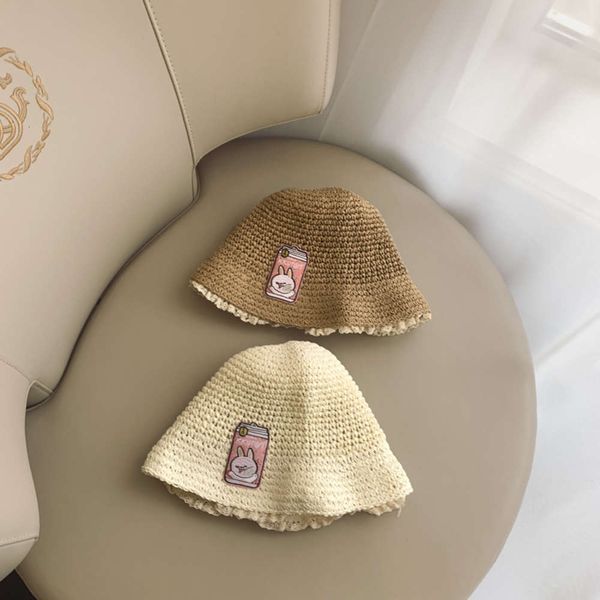 

children's straw hat hand made foldable sunshade beach hat cute cartoon rabbit girl sun, Yellow