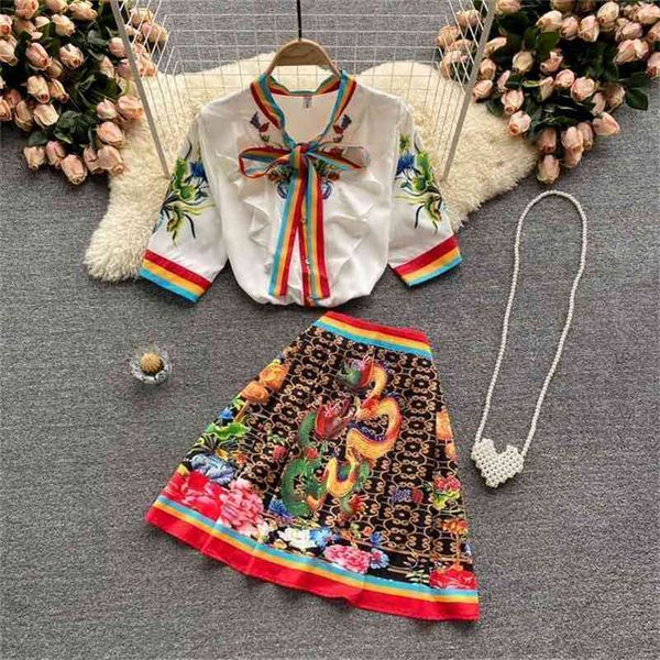 

set ladies shirt wild high waist design printing skirt two-piece 210525, White