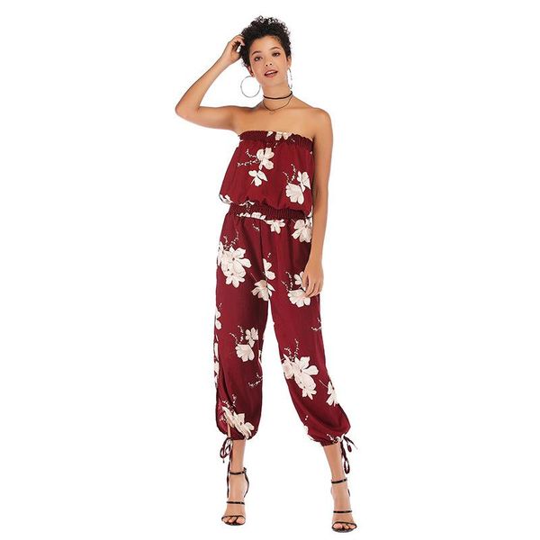 

women's jumpsuits & rompers beach wind jumpsuit word collar halter nine points pants holiday style slim chiffon printed female tide, Black;white