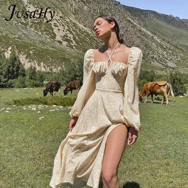 

casual dresses jusahy elegant flower print maxi dress for women autumn bohemina style fairy lantern sleeves halter slit slim streetwear, Black;gray