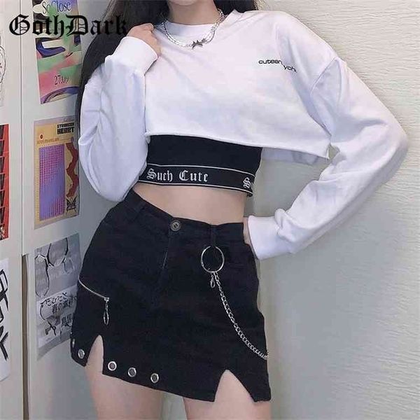

goth dark such cute black letter printed gothic camis hip hop white loose women long sleeve crop t-shirts fashion two piece set