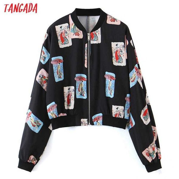 

tangada women print thin jacket coat zipper ladies long sleeve loose oversize boy friend coat 3z63 210609, Black;brown