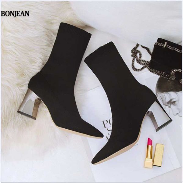 

boots 2021 autumn and winter europe the united states pointed thick with short women high-heeled fashion wild socks boot, Black