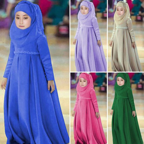 

3 piece abaya hijab dress girls muslim scarf bow robes prayer sets niqab burqa kids solid loose abayas islamic clothing ramadan, Red
