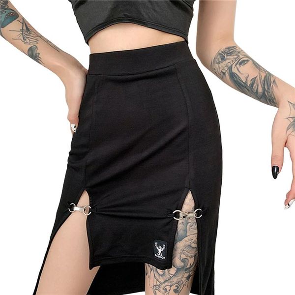 

skirts women's bodycon midi skirt, casual high waist letter print split hem pencil skirt with metal clasps fashion, Black