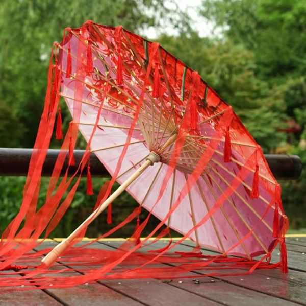 

umbrellas cosplay silk cloth costume ribbons tassel poshoot decoration dome shape black wood long handle chinese oilpaper umbrella
