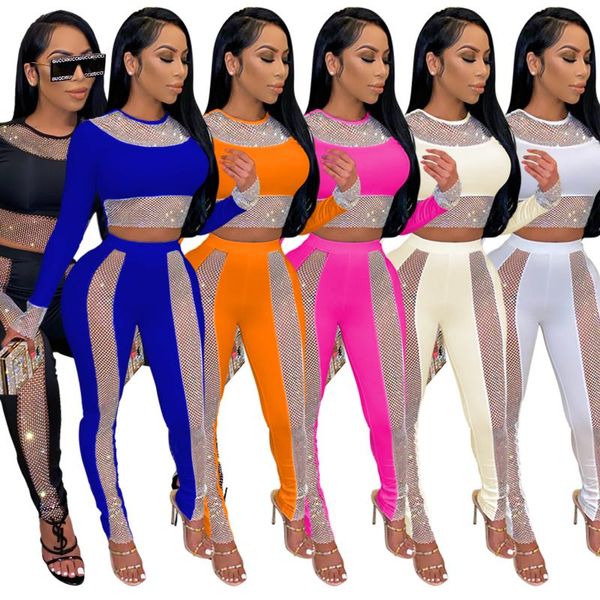 

women's two piece pants sparkle crystal set autumn shiny long sleeve sequins crop and legging party club wears birthday outfits mt658, White