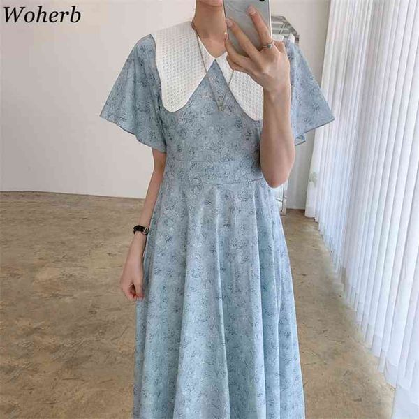 

summer floral print korean chic style peter pan collar short sleeve ladies dress casual long all match vestidos 210519, Black;gray