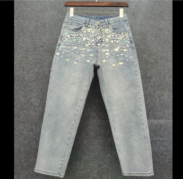 

women's jeans 2021 spring woman retro heavy industry diamond beaded sequins cropped high waist slimming elastic denim trousers, Blue