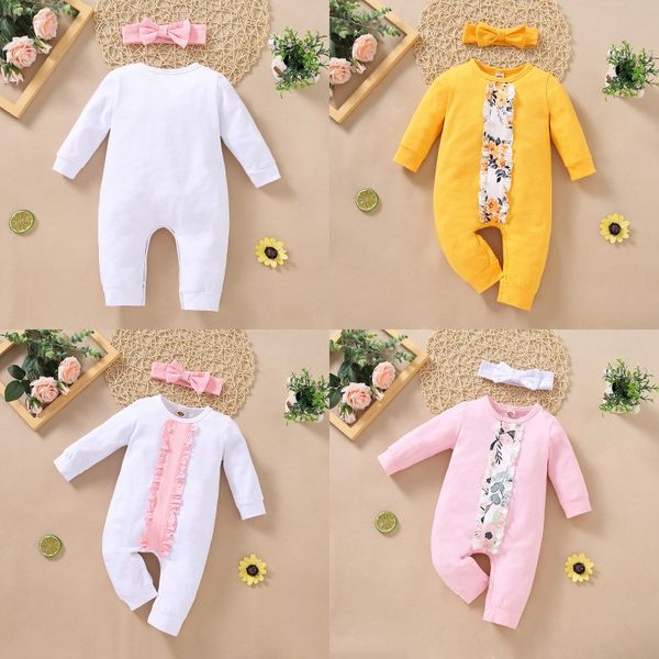 Детские Rompers Girls Floral Rougle Romper Newborn Младенческие Цветы Распечатать Комбинезоны с Оголовья Лето Мода Бутик Детская Одежда 2741 Y2