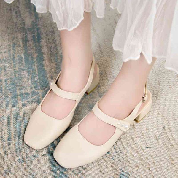 

slippers fashion pearl square heels pumps women summer comfortable slingbacks office woman shoes back strap med sandals at6m, Black