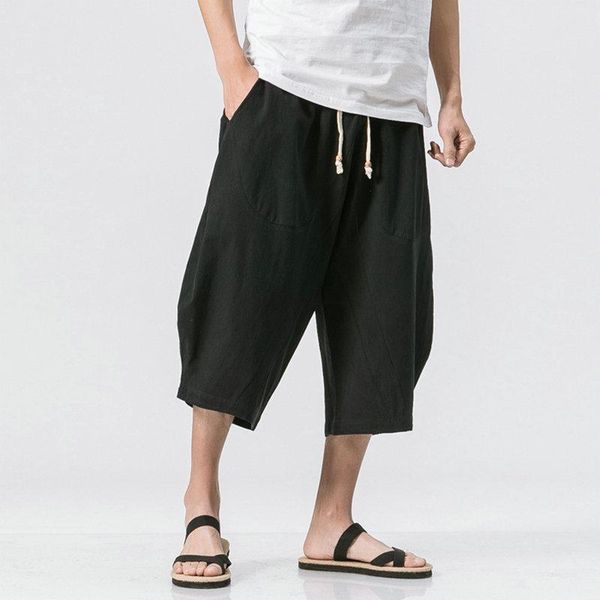 

chinese style summer men linen pants 2021 wide leg trousers male drop crotch hiphop man joggers calf-length track pant men's, Black