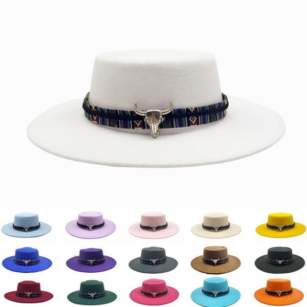 

wide brim hats men women winter wool fedora hat ngau tau belt buckl porkpie retro felt panama solid color, Blue;gray
