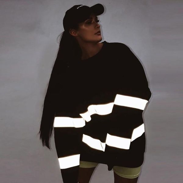 

women's hoodies & sweatshirts 2021 autumn winter fashion reflective striped patchwork loose casual pullovers womens oversized hip hop s, Black
