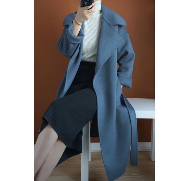 

women's wool & blends 2021 medium length coat korean loose lace up 100% pure windbreaker, Black