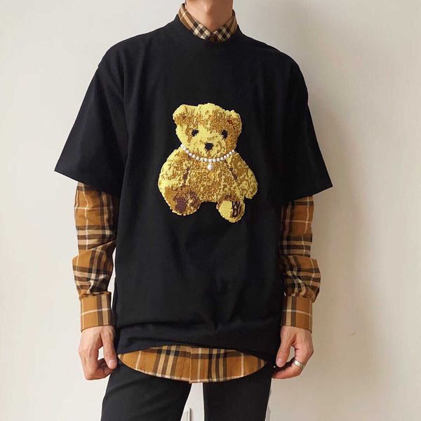 

correct pearl necklace three dimensional yellow embroidery teddy bear crew neck loose short sleeve t-shirt trendy men, White;black