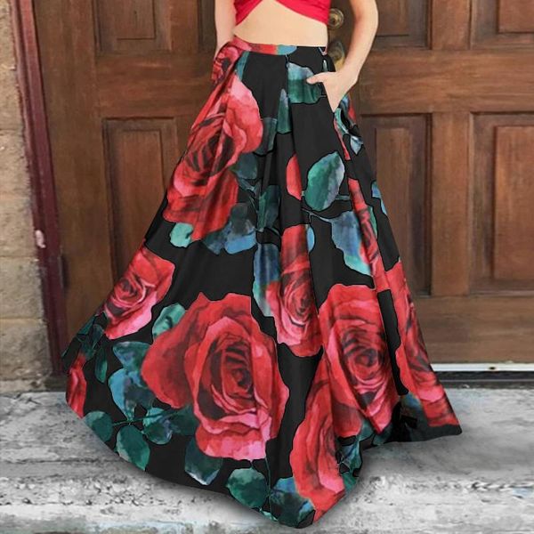 

skirts women bohemian floral printed skirt 2021 vintage high waist a-line female fashion casual loose holiday maxi, Black