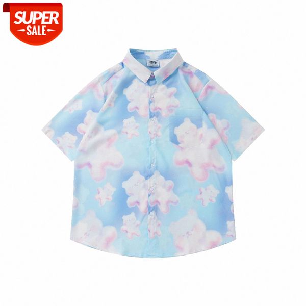 

street hip-hop bear print short-sleeved shirt male loose casual harajuku style couple #vk39, White;black