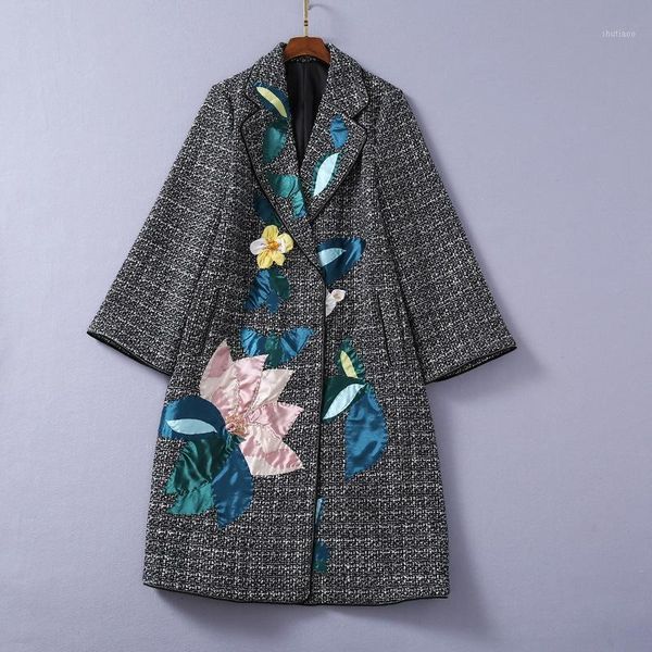 

women's wool & blends autumn winter women tweed overcoat fashion runways floral applique beading coat c657, Black