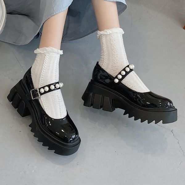 

dress shoes spring women's thick platform string bead mary janes pumps buckle strap round toe high heel solid patent leather, Black