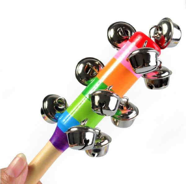 

18cm party favor rattles jingle bells wooden stick style rainbow hand shake sound bell baby educational toy children gift dh8355