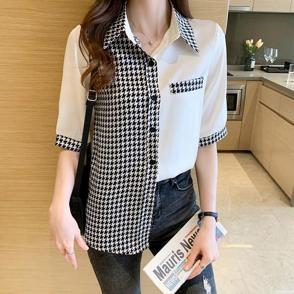 

women's blouses & shirts plus size korean patchwork houndstooth blouse office lady spring short sleeve single-breasted profession, White