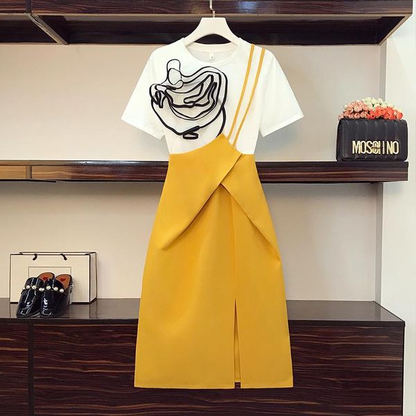 

plus size tracksuits women's fashion chic design one shoulder sling skirt suits vestidos summer white tshirt and long 2 piece set, Black