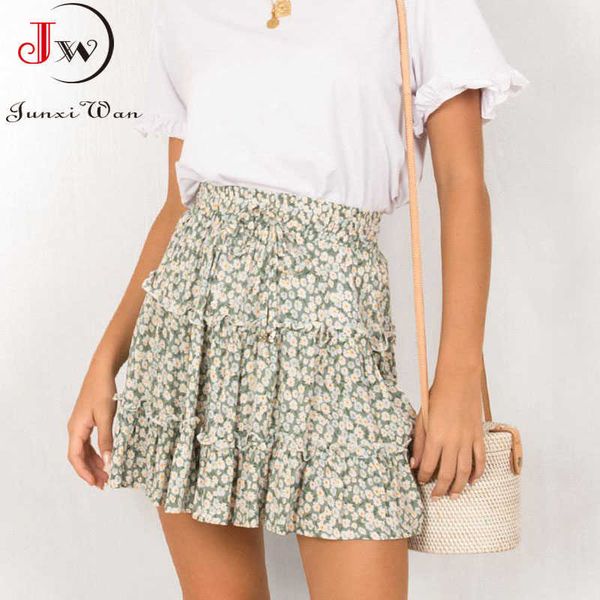 Mulheres Mini -saia Moda de moda Ruffles Floral Print Elastic High Chaist Chiffon Casual Beach Cake Skirt Y0824