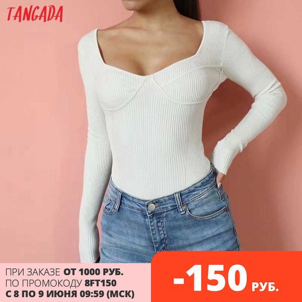 Tangada Kadınlar Katı Geometri Örgü Playsuits Büyük Strethy Kare Yaka Uzun Kollu Tulum Bayanlar Chic Tulumlar LK18 210609