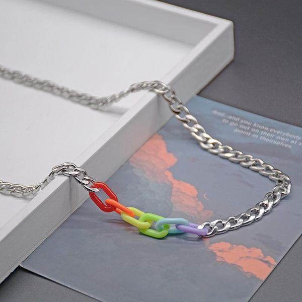 

chains instagram simple tide acrylic rainbow chain stitching titanium steel cuban necklace for men and women sweet cool hip-hop collars, Silver