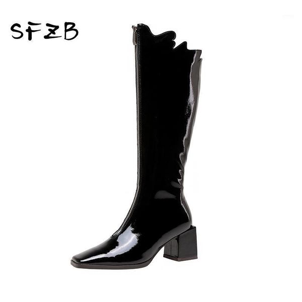 

boots sfzb round toe side zipper knee high for women genuine leather heels pumps female winter est wedding shoes woman1, Black