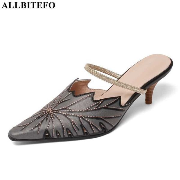 

allbitefo fashion retro genuine leather flowers high heels party women shoes summer women slippers women sandals flip flops 210611, Black