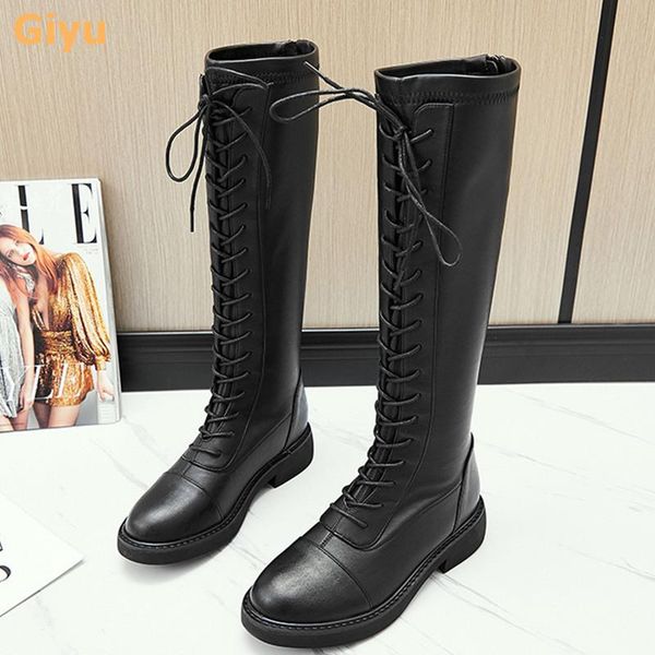 

boots giyu 2021 autumn genuine leather women's cross-tied high tube knee-length long black british style riding
