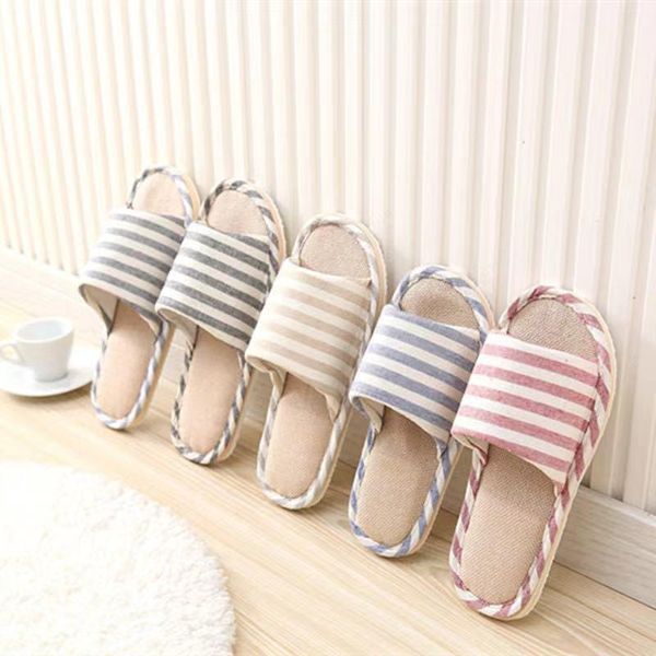 

slippers striped flax four seasons indoor cotton and linen lovers non slip soft household wooden floor cool, Black