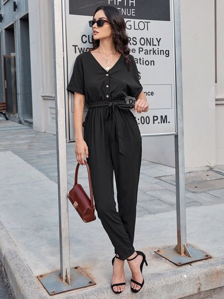 

roll cuff batwing sleeve belted jumpsuit 28xy#, White