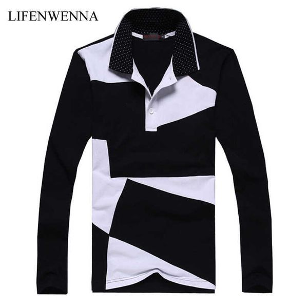 

style design mens polos fashion patchwork long sleeve polos shirt men slim fit mens casual cotton polo shirt plus size 6xl 210528, White;black