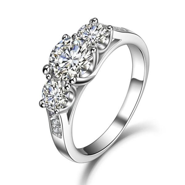 

cluster rings amazing desgin 1.7ct three stones fine diamond female marriage ring genuine pure silver cover with white gold, Golden;silver
