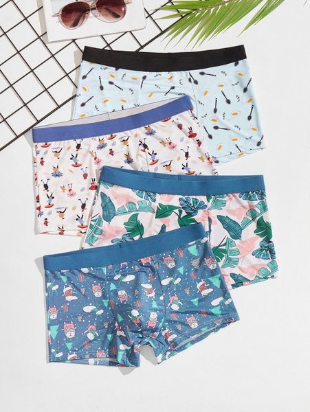 

men 4pcs tropical & cartoon graphic boxer brief v2qr#, Black;brown
