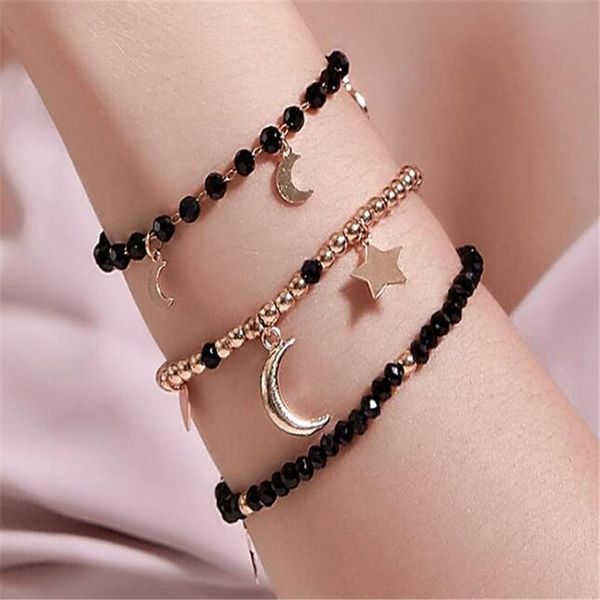

fashion 3pcs/set bracelets handmade star moon black beaded bracelet europe and america women's jewelry accessories link, chain
