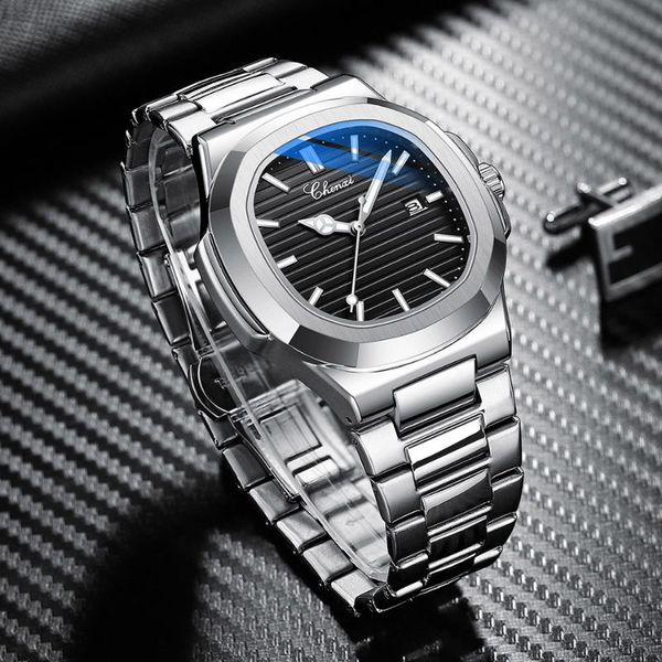 

wristwatches men fashion simple watch silver stainless steel 4 colours quartz wristwatch calendar luminous horizontal line dial design, Slivery;brown